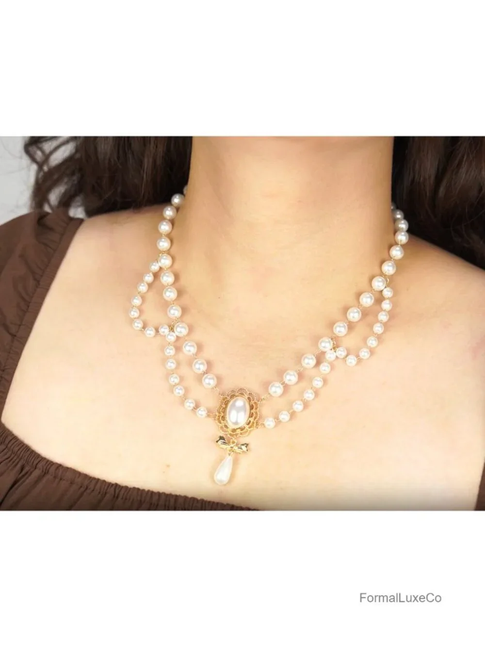 Vintage 1920s Bridal Faux Pearls Choker Necklace Layered Tassels Bow for Women